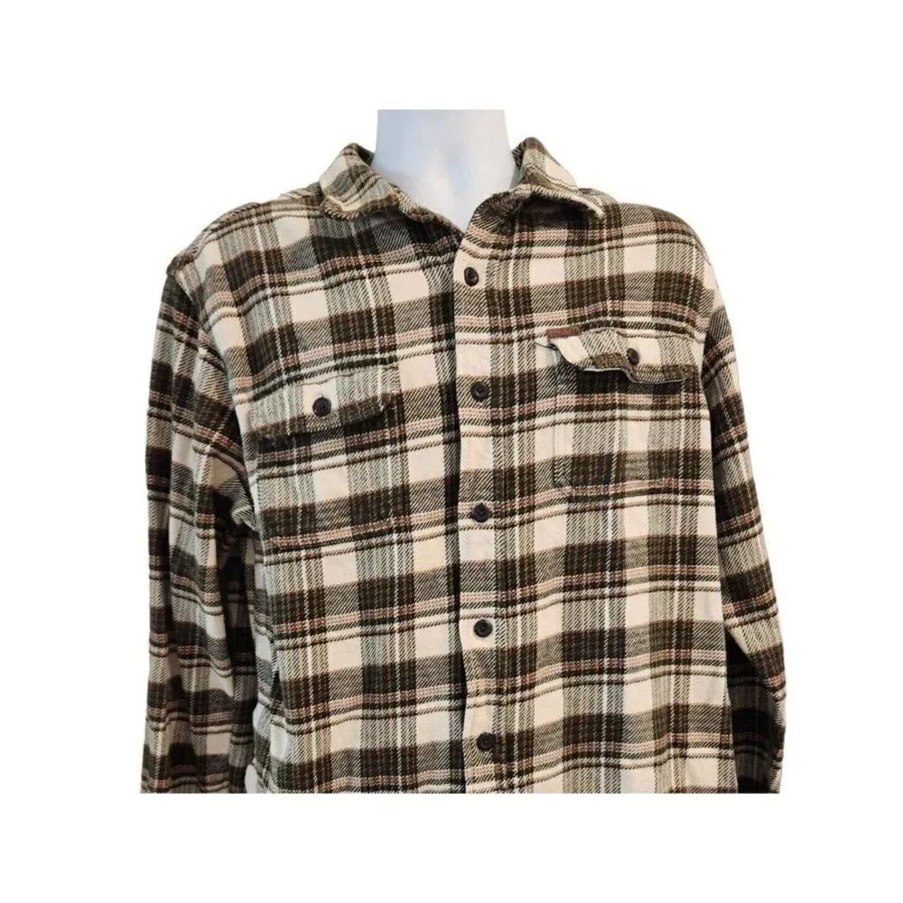 Orvis Green Brown Plaid Long Sleeve Thick Flannel Shirt L Hunting Shacket